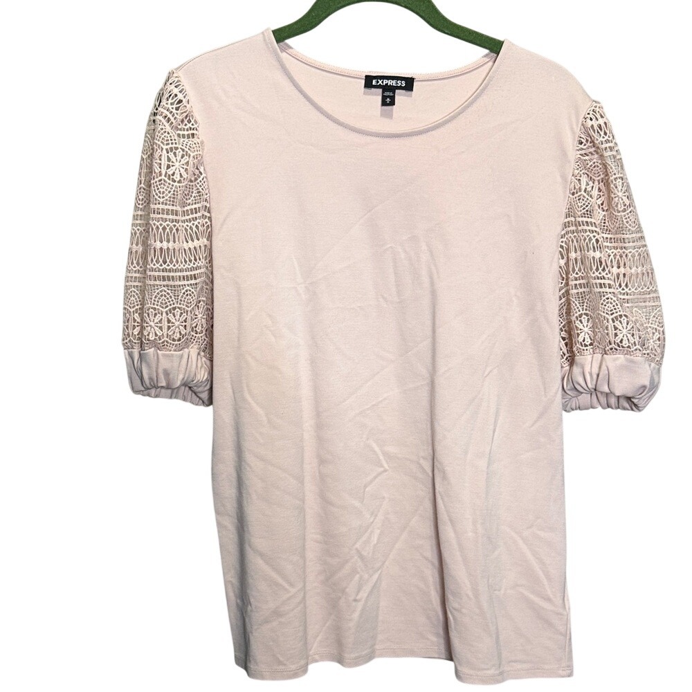 Express Womens Blush Pink Crochet Lace‎ Puff Sleeve Scoop Neck Knit Top Medium